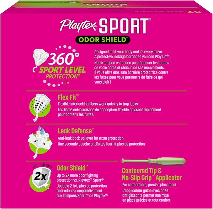 Playtex Sport Odor Shield Tampons Super Absorbency, Unscented - 32ct | Super Tampons for Women, Feminine Care, Playtex Tampon with 360 Leak Defense and Odor Control