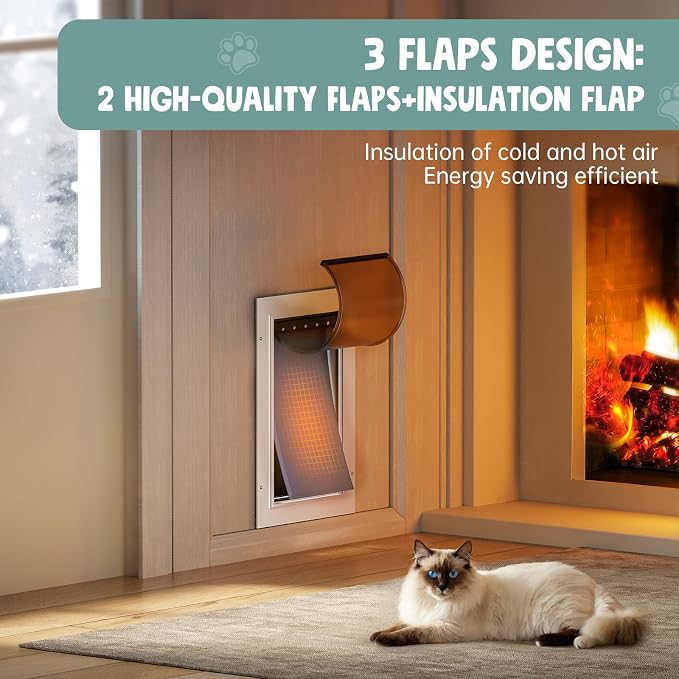 3-Flap Small Cat Door for Door, All Aluminum Doggy Door for Exterior | Insulated Flap, Thermal Insulation, Energy Efficient, Durable Rust Resistant, Closing Panel, Safety Locks, Pets Up to 22lb