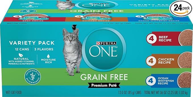 Purina ONE Grain Free Pate Wet Cat Food Variety Pack, 24 Pack 3 oz Cans | Grain free, beef, chicken, and whitefish pate recipes made with no artificial colors, flavors or preservatives for adult cats