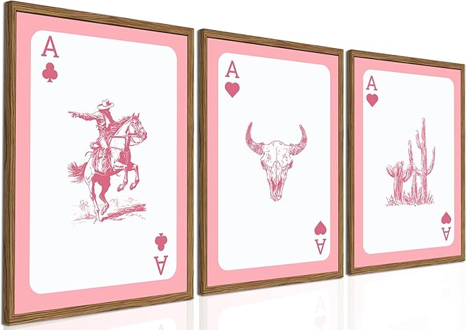 Set of 3 Western Cowgirl Wall Art Pink Bull Skull Wall Decor Painting Southwestern Playing Card Poster Canvas Prints Picture for Bedroom Living Room Wood Framed 12x16 inch