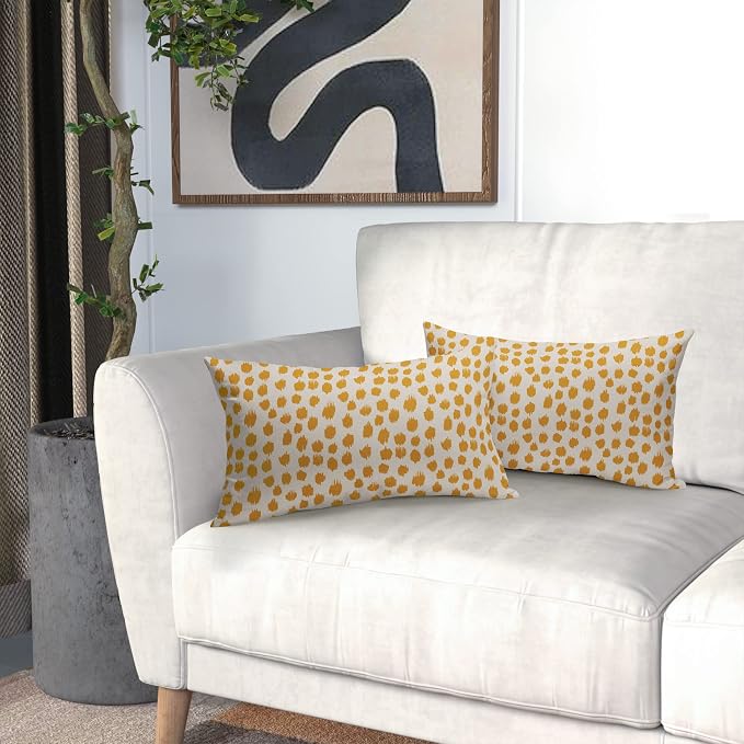 Mustard Yellow Cream Covers 12x20 Set of 2 Boho Design Polka Dot Throw Pillows Modern Brush Strokes Print Decorative Outdoor Pillowcase Lumbar Cushion Cover Linen Case for Sofa Couch Bed