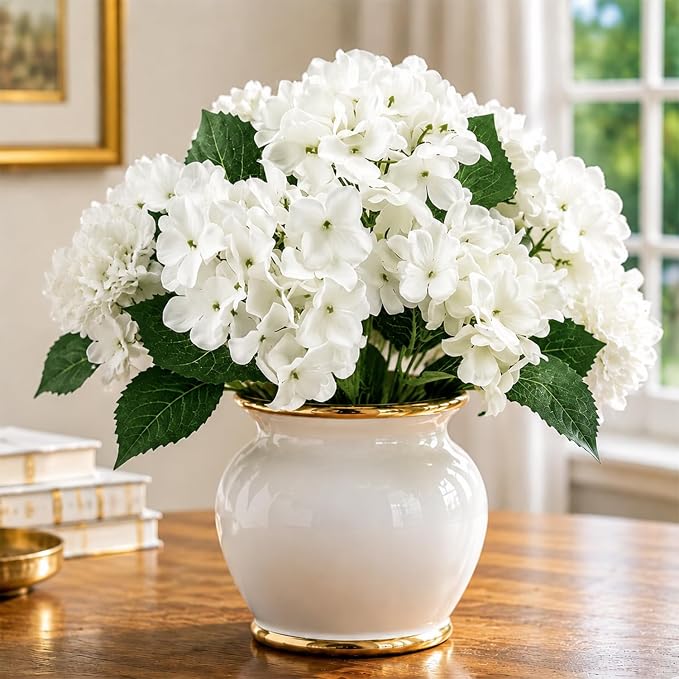 8 Pcs Hydrangea Artificial Flowers Outdoor Silk Bouquets, White UV Resistant Faux Hydrangeas Flowers for Table Vase Centerpieces Outside Party Wedding Porch Patio Planter Home Indoor Outdoor Decor