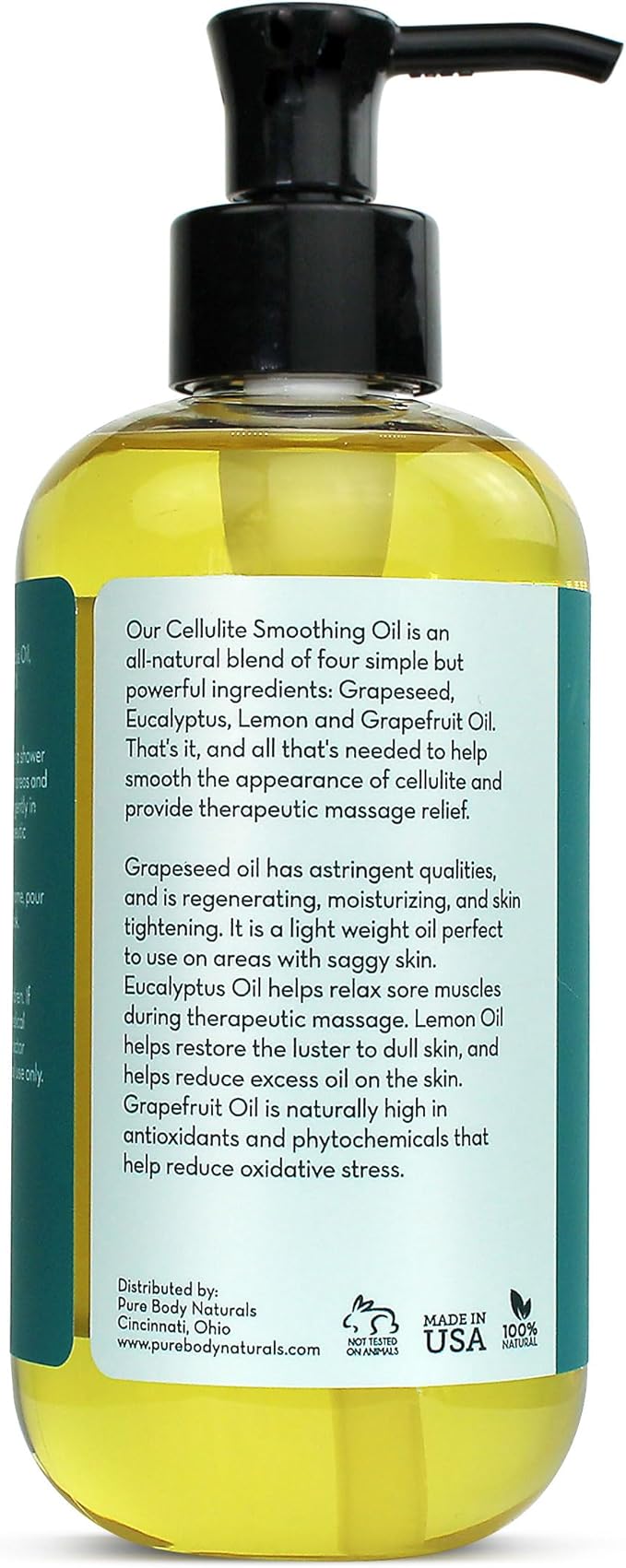 Pure Body Naturals Anti Cellulite Massage Oil, 8 fl oz | 100% Natural Cellulite Remover for Legs and Thighs | Chemical Free Firming Body Massage Oil for Women, Tightens Skin and Reduces Stretch Marks