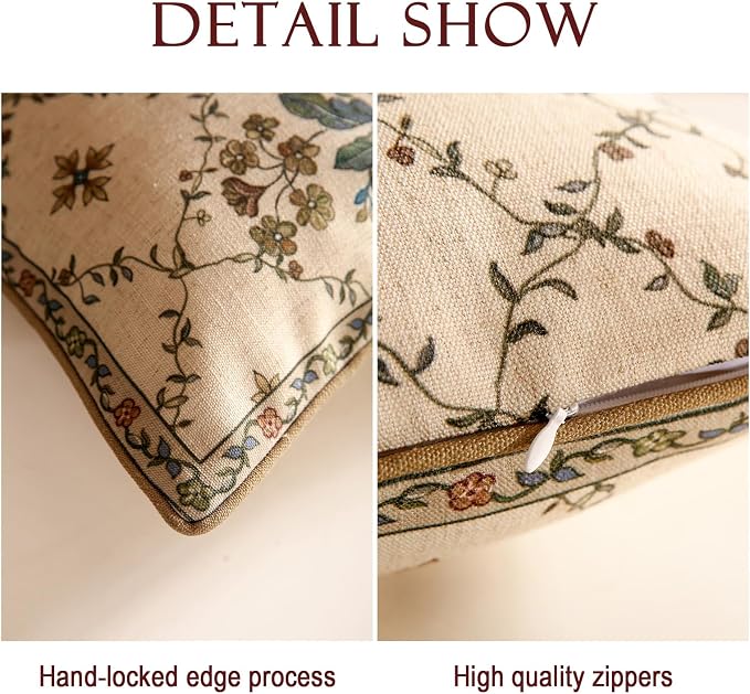 patdrea French Vintage Linen Throw Pillow Cover,12"x20",Set of 2-Audrey A | Decorative Pillow Case with Zipper,Brown Floral Pattern,Pillow Cover for Couch Living Room Bedroom Sofa