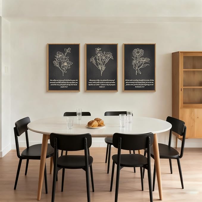 FWIEXA Black Christian Bible Verse Canvas Wall Art Set of 3, Easter Minimalist Scripture Wall Decor, Religious Beige Abstract Floral Painting, 24x36In Vintage Artwork for Living Room,Bedroom,Prayer Room
