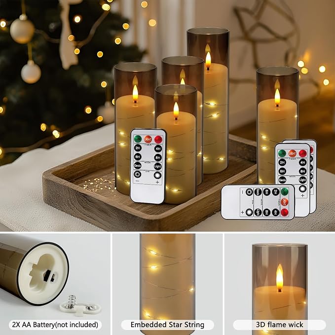 24-Pack Gray Flameless Candles with Remote, Battery Powered LED Candles with Embedded Star String Lights & Realistic Flickering Flame, Timer for Christmas Home Wedding Fireplace Mantle Decor