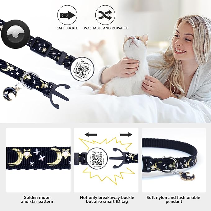 2 Pack Airtag Cat Collar, Breakaway Cat Airtag with Smart ID tag & QR Code Reflective (Star Moon & Paw Pattern - Blue, with Integrated AirTag Holder)