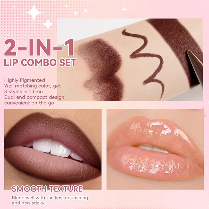 Lip Liner Gloss Lip Combo Set, 2 in 1 Lip Duo Natural Coral Red Lip Liner Lipstick Glossy Nourishing Coral Peach Gloss Lip Kit,Smooth Quick Fuller Plumping Lip Makeup for Women10#Sunset Red