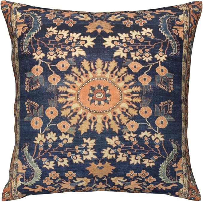 Persian Floral Rug Print Navy Blue Pillow Covers Decorative Square Throw Pillowcase 18x18 Inch Couch Cushion Cover for Home Decor Living Room Bedroom College Dorm Bed Car Sofa