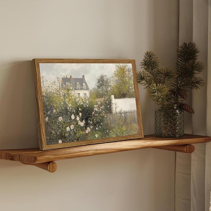 Framed Vintage Wall Art, Cottage Rose Garden Landscape Pictures Wall Decor Paintings, Rustic Spring Farmhouse Canvas Prints Aesthetic Home Decor for Living Room Bedroom Bathroom 12x16 inch