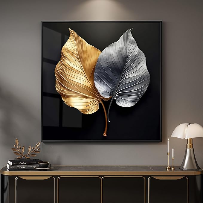 Framed Modern Elegant Wall Art, Black Gold and Silver Leaf Prints Paintings Artwork for Walls, Contemporary Luxury Picture for Bedroom, Dining Room, Lounge, Office, Living Room Wall Decor 24x24 In