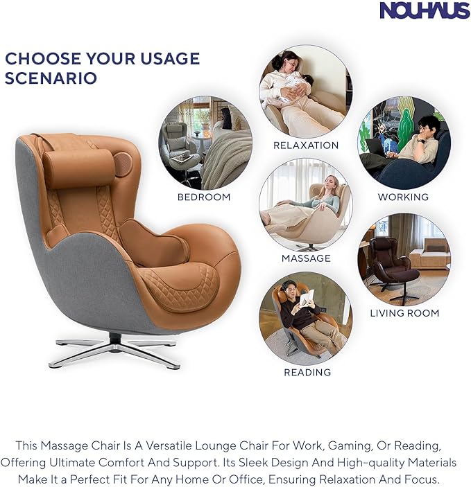 NOUHAUS Heated Classic Massage Chair Full Body and Spot Massaging Recliner with Ottoman, Bluetooth Speaker, in-Chair Charger. Portable Shiatsu Body Massager Chair (Caramel, Leather)