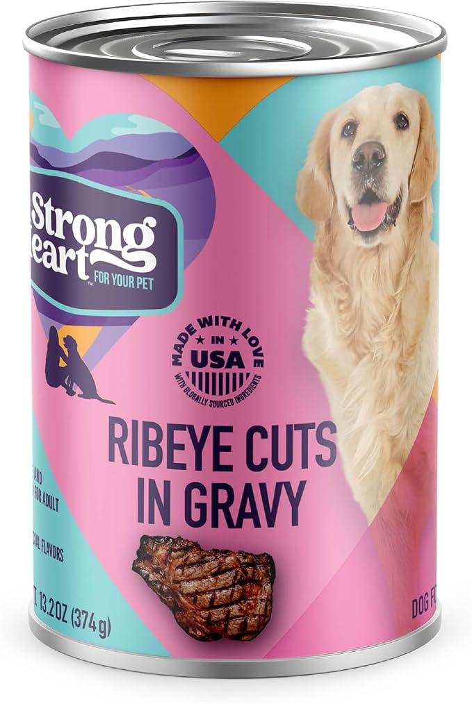 A Strong Heart Ribeye Flavor Cuts in Gravy, 13.2oz Cans, 12pk | Real beef, complete & balanced all life stages, Made in USA, savory gravy