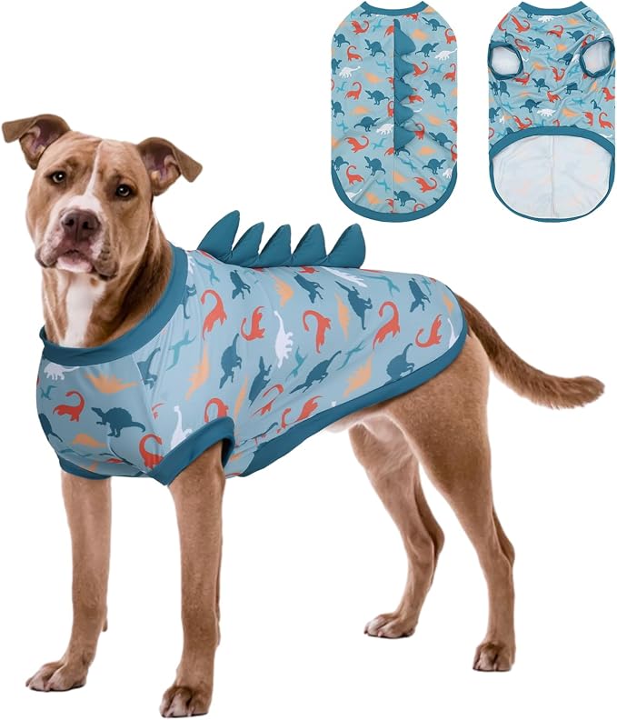 UPF 50+ Sun Protection Dog Shirt - Sleeveless Cooling Vest for Medium Dogs Boy, Quick-Dry Pet T-Shirt with Funny Dinosaur Horns, UV Protective Breathable Dog Clothes U-COSBX05M