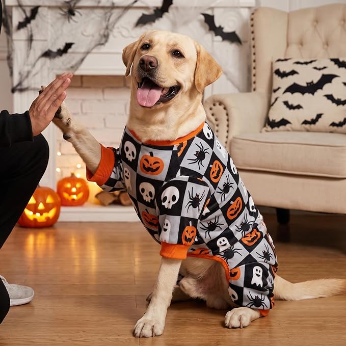 KYEESE Dog Halloween Pajamas for Large Dogs, Checkered Pumpkin Ghost | Cozy Halloween Outfit, Great for Halloween Photos, 4-Way Stretch, Lightweight & Breathable, Gentle on Sensitive Skin