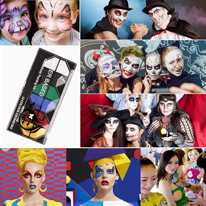Face Paint, Body Paint Kit for Kids and Adults, Professional Painting Palette Water Based, 12 Vibrant Colors with Brushes, Hypoallergenic Safe Non-Toxic, Ideal for Halloween Party Festivals Costumes