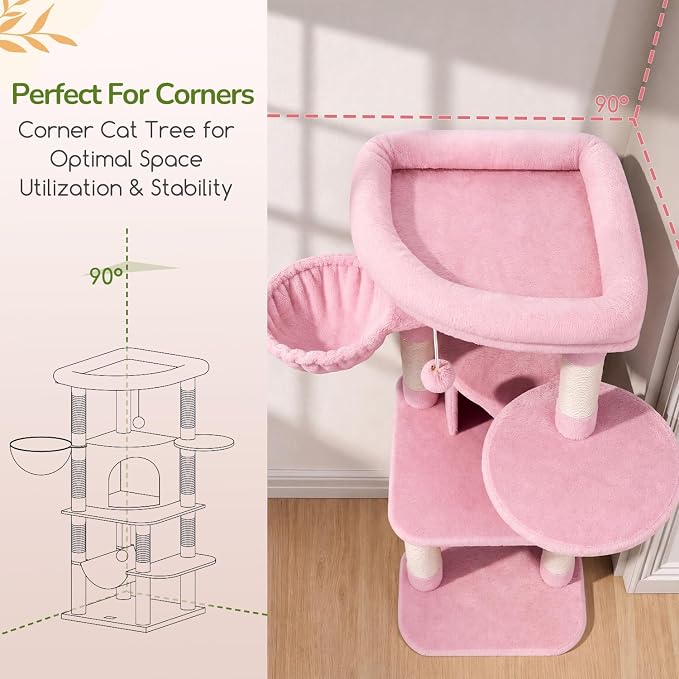 Globlazer Pink Corner Cat Tree Tower with Scratching Post, C51, Pink | 51in Space-Saving Multi-Level Cute Cat Condo for Indoor Cats with Hammock, Large Top Perch for Large Cats, Cozy Cat Cave