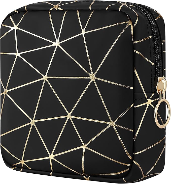 Likesing Sanitary Napkin Storage Bag, Leather Portable Period Bag for Girls Women, Sanitary Napkin Period Pad Pouch Tampon Holder for Purse (Black Gold, Small-5.1")