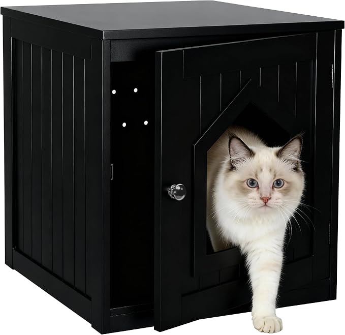 ZENY Hidden Cat Litter Box Furniture - Enclosed Cabinet With Vent Holes, Indoor Wooden Washroom, End Table, Nightstand (Black)