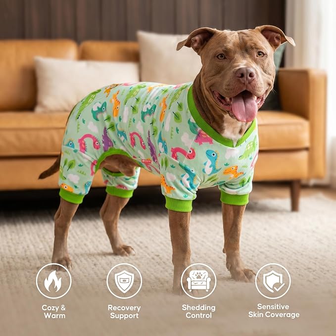 KYEESE Velvet Dog Pajamas for Large Dogs Soft Onesie Shirt, Dinosaursk | 4-Way Stretch, Lightweight & Breathable, Reduces Shedding, Gentle on Sensitive Skin, Recovery Support, Easy Potty Breaks