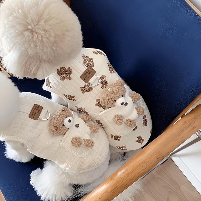 Cute Pet Apparel Plush Bear Pattern Cartoon Dog Clothes All Season Sleeveless Puppy Kitten Pullover Soft Skin-Friendly (White1, XL (11-20lbs))