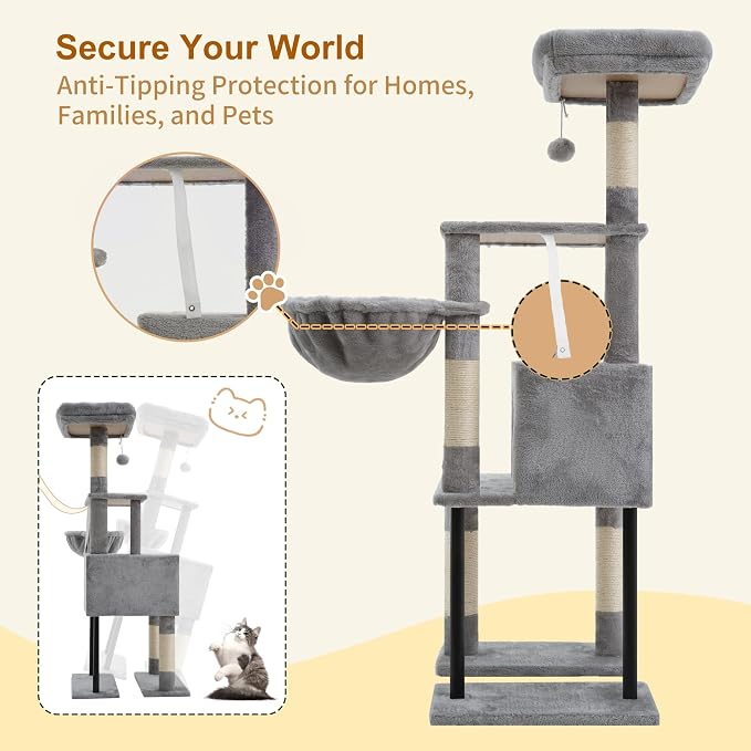 Heybly Cat Tree with Toy, 49.2 inch Cat Tower for Indoor Cats HCT200SW-1 | Spacious Cat House Condo with Hidden Space，Soft Plush Top Perch，Cozy Hammock and Sisal Scratching Posts, Light Gray