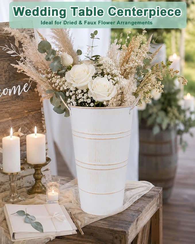 12 Inch Galvanized Metal Vase, 2 Pack Tall Flower Buckets with Handles | Galvanized metal flower buckets with handles, rustic tall vase design for dried flowers, weddings, farmhouse and home decor.