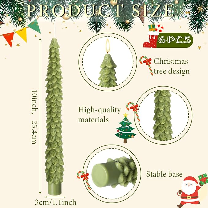 Conelist 6 Pcs Christmas Tree Candles Christmas Tree Shaped Taper Candles Decorative Xmas Wax Scented Candlesticks for Xmas Eve Winter Holiday Home Table Decoration Gift(Dark Green,10 Inch Style)