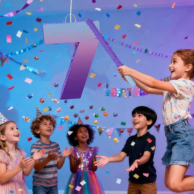 Purple Birthday Party Decorations, Purple Number 7 Pinata with Stick Blindfold Confetti for Girls Boys 7th Birthday Activity Game Gift (15.7 x 11.5 x 3 In)
