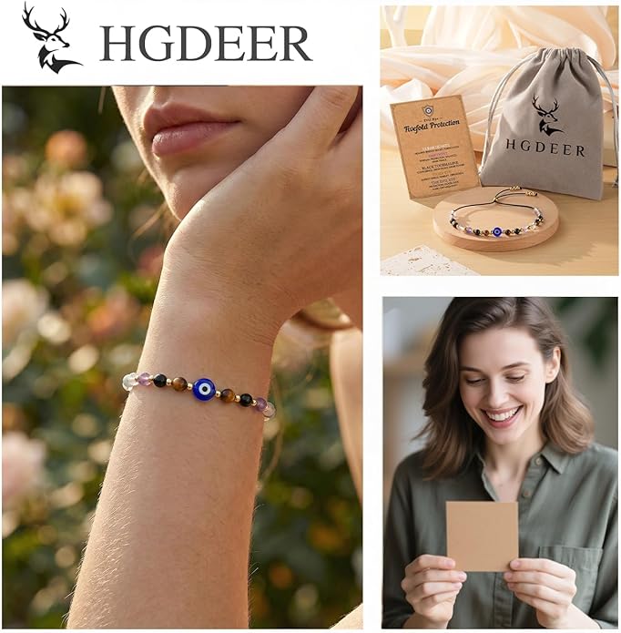 Evil Eye Dainty Bracelet - Natural Crystal Protection Bracelet - 5 Healing Stones Clear Quartz Amethyst Black Tourmaline Tiger Eye Adjustable Spiritual Guardian Jewelry Gift with Meaning Card