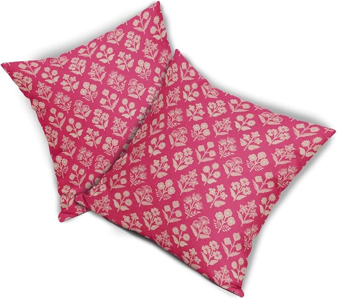 Hot Pink Floral Block Print Pillow Covers 20x20 Inch Set of 2, Vintage Flower Pattern Decorative Throw Pillowcases Outdoor Farmhouse Cushion Covers Spring Summer Rustic Sofa Couch Bed Decor
