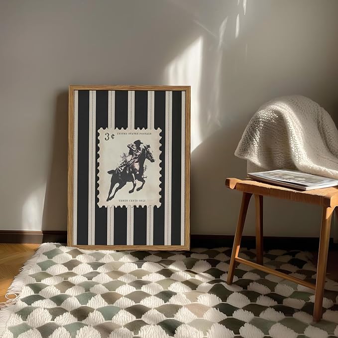 Vintage Western Cowboy Wall Art Black and White Striped Cowboy Riding Horse Wall Decor Paintings Mid Century Rodeo Southwestern Poster Canvas Print for Bedroom Living Room 16x24 inch Wood Framed
