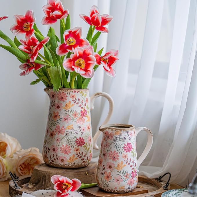 Retro Rustic Large Ceramic Vase with Handle, Distressed Farmhouse Pitcher for Home, Ideal Shelf Decor, Colorful Daisy Floral Vase for Living Room Bedroom Office Table Centerpiece Decorations 9 Inch