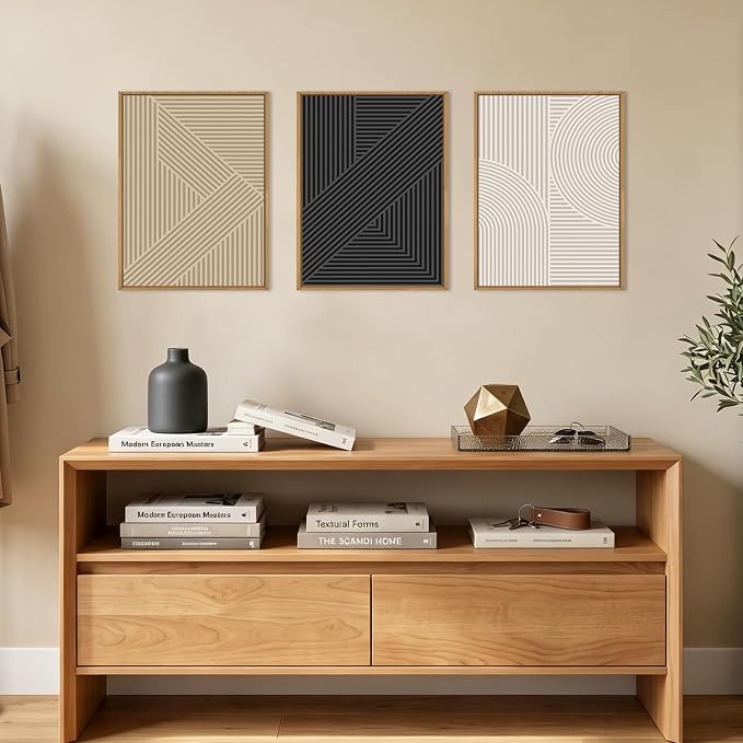 BINCUE Framed Neutral Wall Art Black Geometric Artwork Abstract Wall Decor for Living Room Bathroom Bedroom Office 12x16 Inch Set of 3
