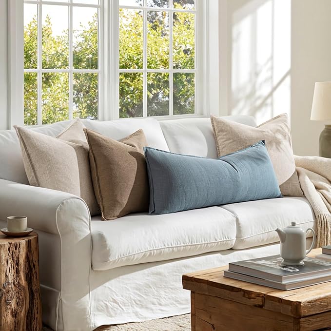 MIULEE Decorative Linen Lumbar Pillow Cover 14x36 Inch Blue Grey | Boho Farmhouse Couch Long Throw Pillow for Bed, Pack of 1 Accent Coastal Modern Pillowcase, Sofa Livingroom Home Decor