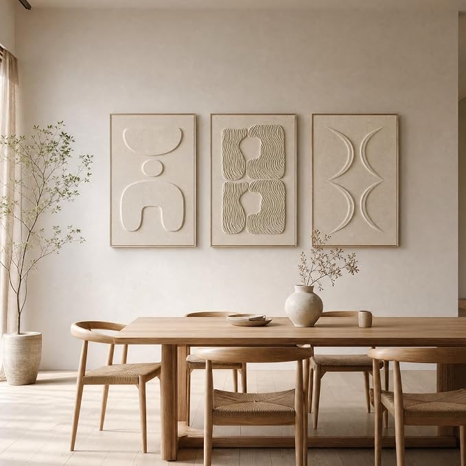 Thalasse Abstract Wall Art Large Framed 3D Sandstone 24x36 In | Wabi Sabi relief panels, solid wood frame, minimalist living room hallway entryway decor, 3 piece set
