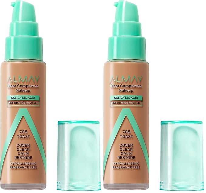 Almay Clear Complexion Acne Foundation Makeup with Salicylic Acid, Medium Coverage, Soft Matte Finish, Hypoallergenic, Cruelty- & Fragrance-Free, Dermatologist Tested, 705 Toast, 1 fl oz (Pack of 2)