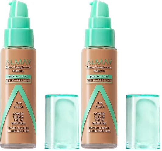 Almay Clear Complexion Acne Foundation Makeup with Salicylic Acid, Medium Coverage, Soft Matte Finish, Hypoallergenic, Cruelty- & Fragrance-Free, Dermatologist Tested, 705 Toast, 1 fl oz (Pack of 2)