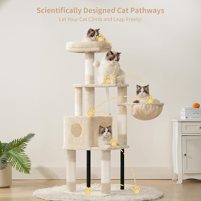 Heybly Cat Tree with Toy, 49.2 inch Cat Tower for Indoor Cats HCT200SM | Spacious Cat House Condo with Hidden Space，Soft Plush Top Perch，Cozy Hammock and Sisal Scratching Posts, Beige