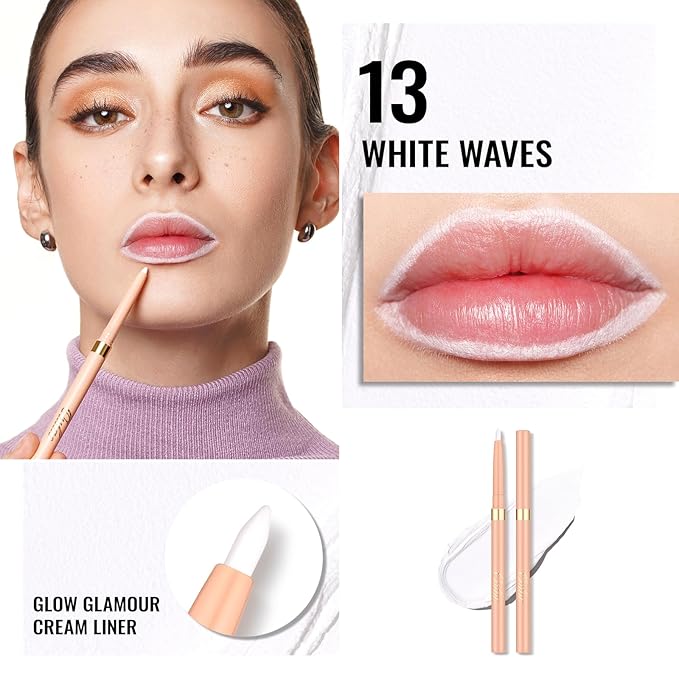 Oulac Waterproof White Lipliner Pencil - Smooth and Creamy Lip Primer, Retractable Lip Makeup for Precision Application, Vegan & Cruelty-Free, 13 White Waves