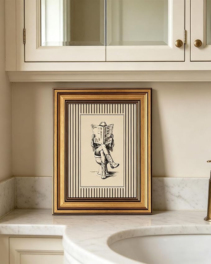 Gold Framed Wall Art, Funny Western Cowgirl Bathroom Canvas Prints, Cowgirl Reading Newspaper on Toilet Picture Wall Decor, Neutral Rustic Farmhouse Artwork for Bathroom Restroom 9x11 inch