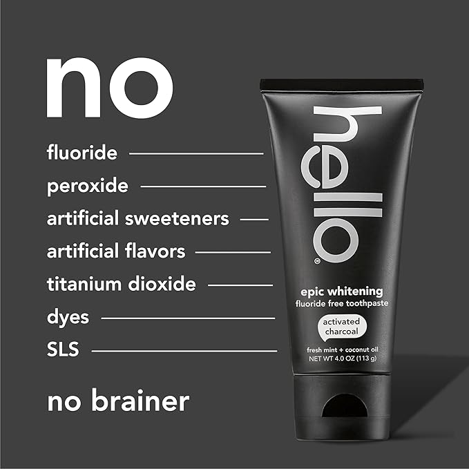 hello Epic Whitening Charcoal Fluoride Free Toothpaste, Activated Charcoal Toothpaste with Coconut Oil, Whitens Teeth Naturally, SLS Free, Fresh Mint, 3 Pack, 4.0 Oz Tubes