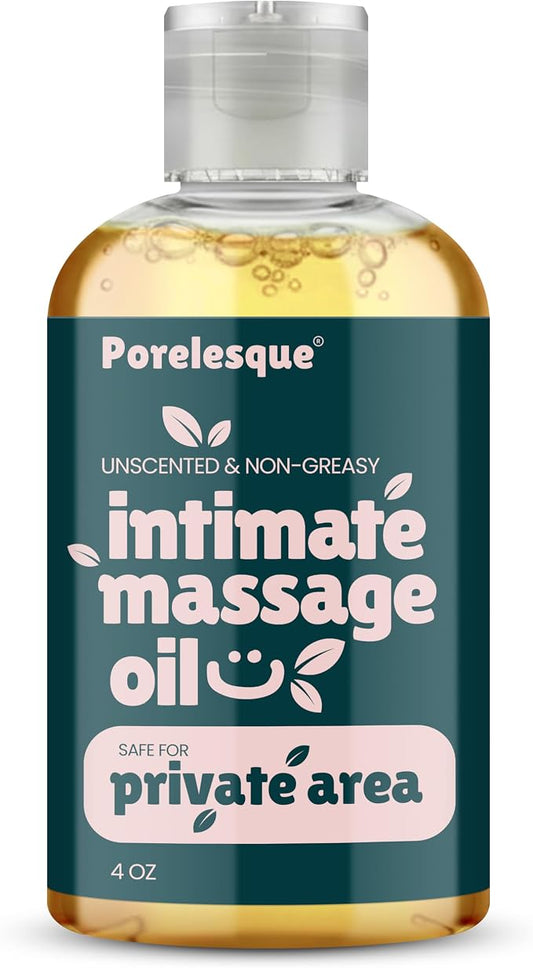 Intimate Massage Oil Safe for Genitals - Unscented Date Night Body Oil for Intimacy - Safe for Private Area and Sensitive Skin, Non Greasy, Non Sticky, Hypoallergenic, Lightweight, 4oz