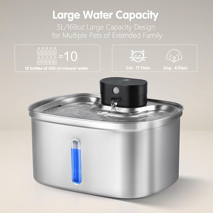 BOORCA Wireless Cat Water Fountain Stainless Steel, 169oz/5L Cordless Smart Pet Water Fountain with 5000mAh Battery & Ultra Quiet Pump, Automatic Pet Water Dispenser for Cats & Dogs, 3 Filters