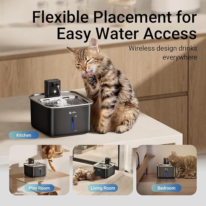 DownyPaws Cat Water Fountain Stainless Steel Wireless Automatic, Black | Cordless Battery Operated Pet Water Fountain, 101 Oz/3L Water Fountain for Cats Drinking with Motion Sensor