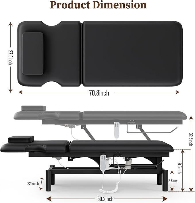 Olela 2 Motor Electric Massage Table, Professional Massage Table with Electric Adjustable Height & Backrest, Wide Treatment Tables with Metal Frame, PU Leather for Massage, Spa, Tattoo