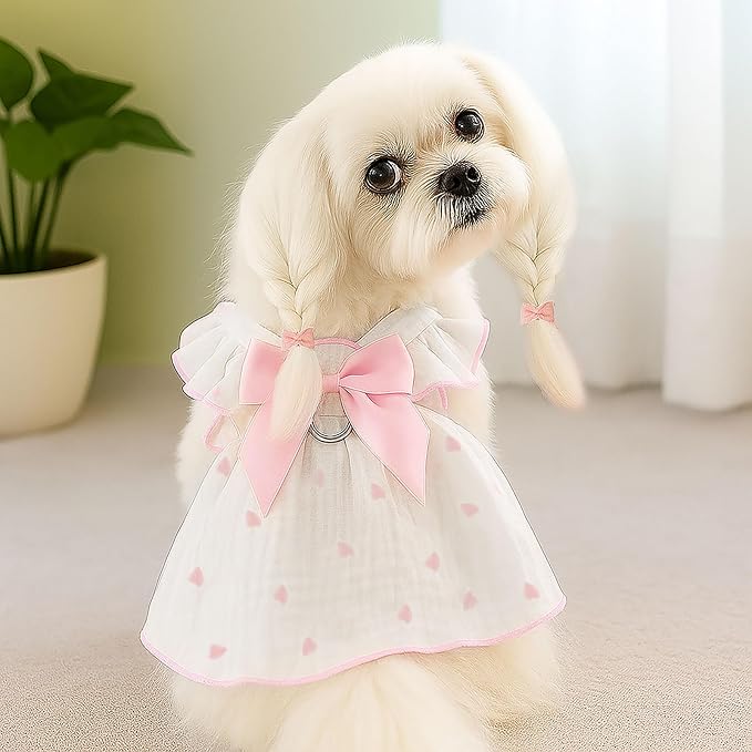 Dog Dresses for Small Dogs Girl Female Dog Cat Clothes Dress Cute Cotton Extra Summer Clothes Bow Decor Printed Love Birthday Outfit Puppy Clothes (Light Pink & Black, X-Large)