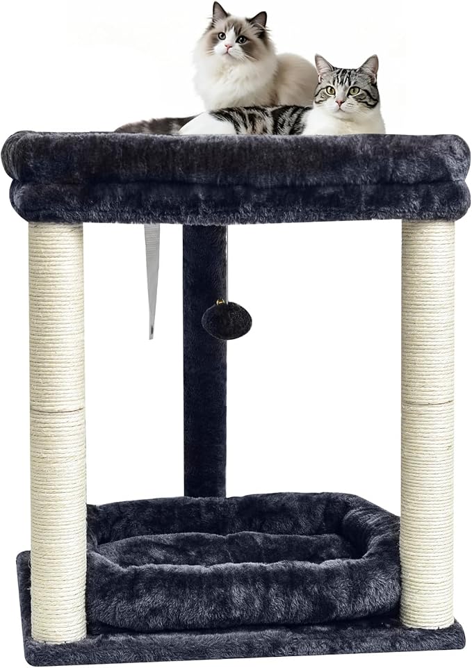 SYANDLVY Small Cat Tree for Indoor Cats with 2 Levels Perch Platforms | Natural Sisal Scratching Post Tower with Hanging Bell Ball & Anti-Tip Strap, Stable Cat Perch Furniture for Kittens, Smoky