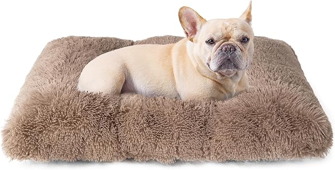 EHEYCIGA Fluffy Dog Crate Bed for Medium Dogs, Plush Crate Pad, Camel | Calming Anti Anxiety Medium Dog Bed, Washable Soft Warm Faux Fur Crate Mat with Non-Slip Bottom