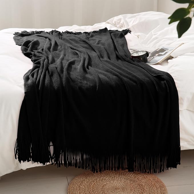 Homiest Black Knitted Throw Blanket with Fringe, 50x60 Inch | Pure Acrylic, Lightweight & Breathable, All-Season Use, Machine Washable, Wrinkle & Fade Resistant, for Couch Sofa And Bed